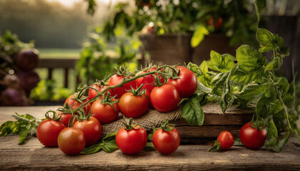 Tomates cerises en grappe, rouges sur la table en bois dans le jardin, jardinage et légumes frais brut dans le jardin potager - IA générative - obrazy, fototapety, plakaty