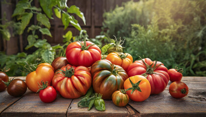 Tomates variétés anciennes sur la table en bois dans le jardin, jardinage et légumes frais brut dans le jardin potager - IA générative