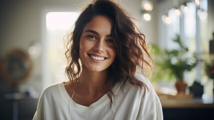portrait of a smiling young woman with long brown hair - obrazy, fototapety, plakaty