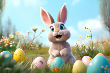 Easter. Cute bunny and easter egg on spring background. Concept and idea of happy easter day. Template for puzzle, cover, advertising.