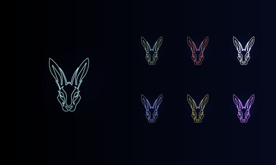 A set of neon hare's head symbols. Set of different color symbols, faint neon glow. Vector illustration on black background
