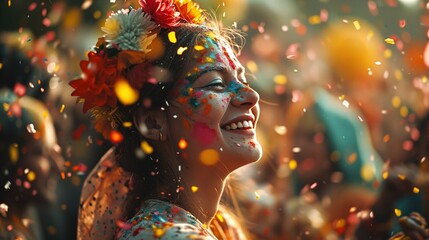 Joyful woman celebrating at colorful holi festival with confetti