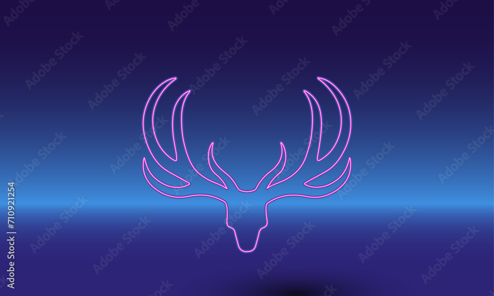 Poster neon deer horns symbol on a gradient blue background. the isolated symbol is located in the bottom c