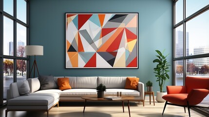 Modern living room interior with colorful geometric artwork