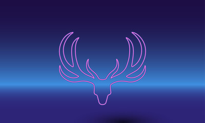 Neon deer horns symbol on a gradient blue background. The isolated symbol is located in the bottom center. Gradient blue with light blue skyline