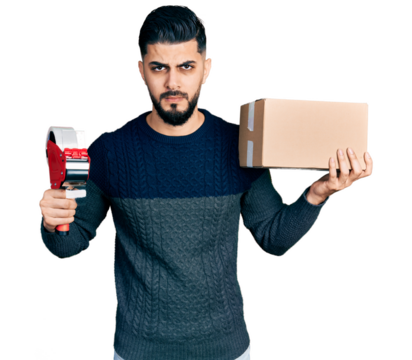 Young arab man with beard holding packing tape and cardboard box skeptic and nervous, frowning upset because of problem. negative person.