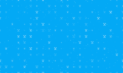 Seamless background pattern of evenly spaced white crossed hammers symbols of different sizes and opacity. Vector illustration on light blue background with stars