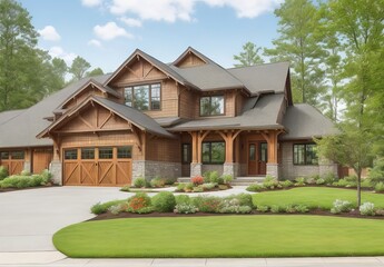 Fototapeta na wymiar Stunning craftsman style home meticulously constructed with a three car garage featuring elegant wooden doors, surrounded by vibrant landscaping adorned with the luscious greenery of spring, creating 