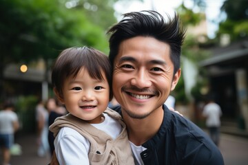 Happy Asian father and son smiling together