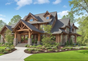 Stunning craftsman style home meticulously constructed with a three car garage featuring elegant wooden doors, surrounded by vibrant landscaping adorned with the luscious greenery of spring, creating
