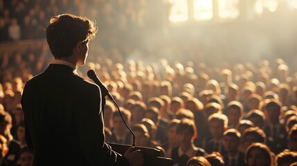 Confident speaker at podium addressing audience in auditorium