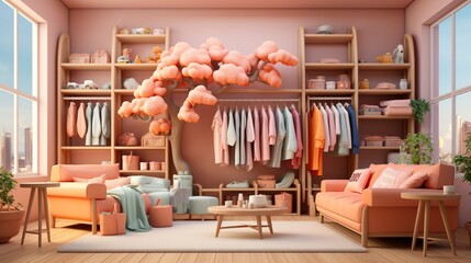 Dreamy pink living room with clothes rack and pink tree