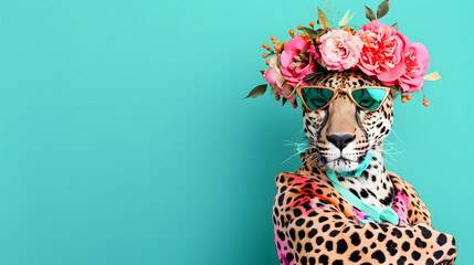 A fierce leopard exudes confidence as it rocks a trendy flower crown and shades, showcasing its love for nature and fashion - obrazy, fototapety, plakaty