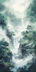 Misty Waterfall in a Rocky Forest