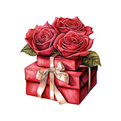 Red Roses on a Red Gift Box with a Bow. AI Generated Image