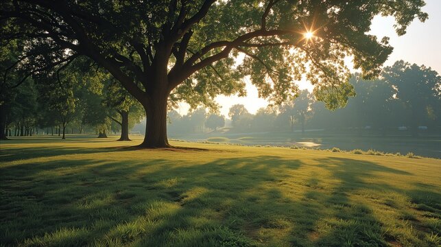 Serene sunrise in a lush green park with majestic trees and sun flares