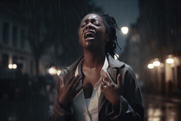 African woman caught in the rain at night, hands raised, as city lights cast a glow on her emotive, rain-soaked face