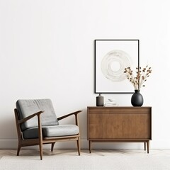 Minimalist living room interior with a gray armchair, wooden cabinet, and black vase