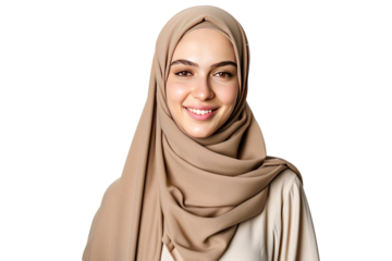Portrait of young beautiful Muslim woman that wear hijab isolated on white transparent background, Arabian middle eastern religious concept.