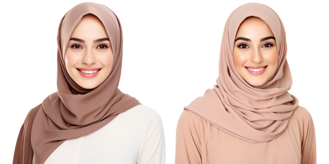 Portrait of young beautiful Muslim woman that wear hijab isolated on white transparent background, Arabian middle eastern religious concept.