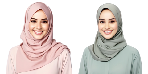 Portrait of young beautiful Muslim woman that wear hijab isolated on white transparent background, Arabian middle eastern religious concept.