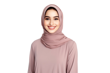 Portrait of young beautiful Muslim woman that wear hijab isolated on white transparent background, Arabian middle eastern religious concept.