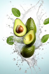 Fresh green avocados with leaves splashing into water with dynamic droplets, white background