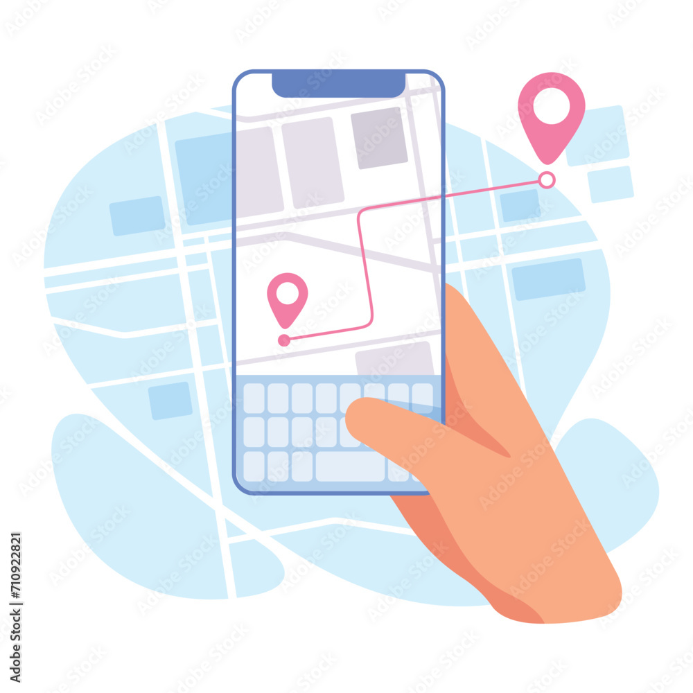 Poster hand hold mobile smartphone with navigation display on screen vector illustration