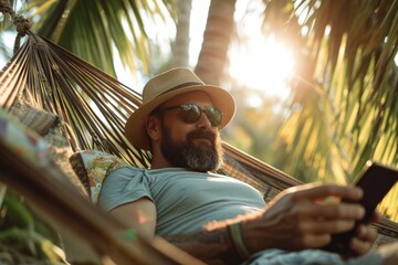 Man using smartphone while relaxing in a hammock 