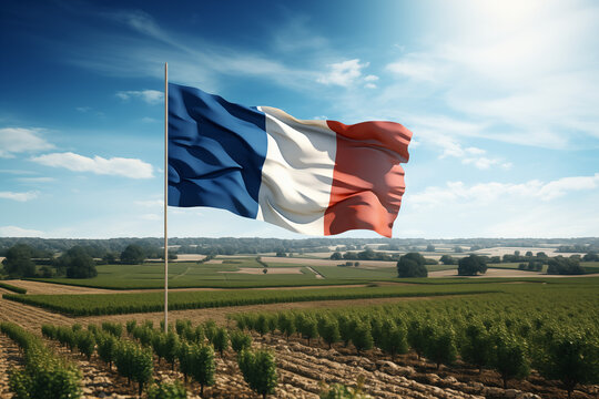 Flag of France with a field in the background. French agriculture and farmer. Country: France. Learn French. The country of France. The symbol of France.