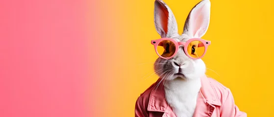 Foto op Aluminium Creative, innovative Animal Design. Rabbit in Chic High-End Fashion, Isolated on a Bright Background for Advertising, with Space for Text. Birthday Party Invitation Banner © Daniel