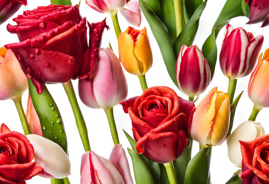 Natural closeup image of fresh wet tulip and rose flowers on white background