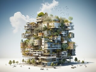 Futuristic Green City Apartment Buildings with Rooftop Gardens and Walkways