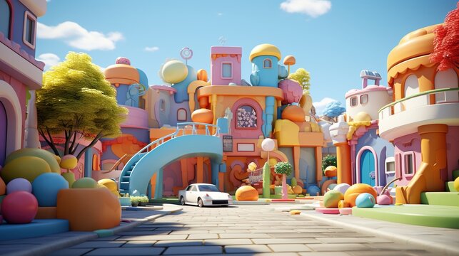 whimsical 3d rendering of a colorful town