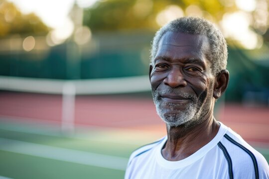 Portrait of a senior black man on the tennis court 