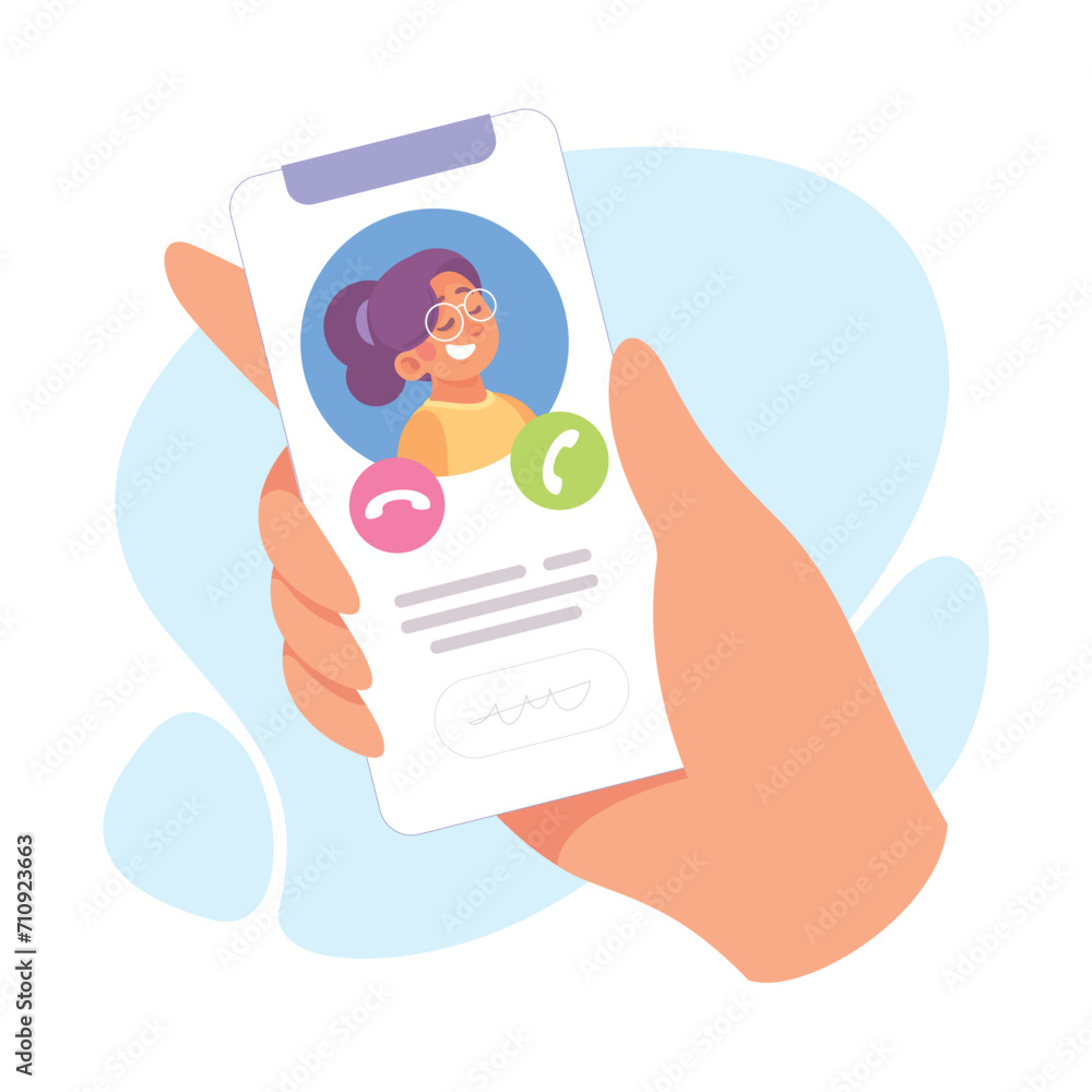 Poster hand hold mobile smartphone with call display on screen vector illustration