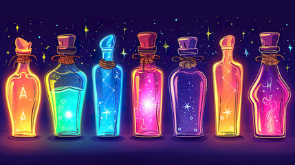 Neon bottles of magic elixir on a dark background, sketch illustration. Generated AI - obrazy, fototapety, plakaty