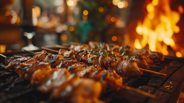 Grilled chicken skewers over open flame at a cozy evening bbq