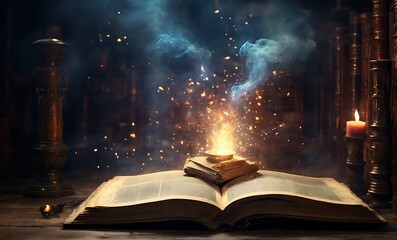magic book with magic light. Open antique book on wooden table with magic lights, glitter blurred...