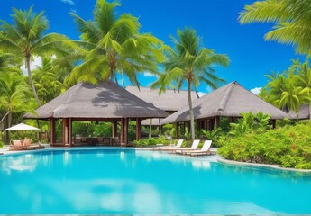 Tropical vacations. Luxury resort with gorgeous swimming pool. Mauritius island
