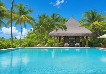 Tropical vacations. Luxury resort with gorgeous swimming pool. Mauritius island
