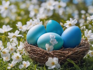 Vibrant blue Easter eggs nestled among fresh white blossoms against a blue springtime backdrop