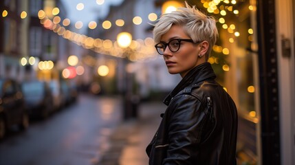 Stylish young woman in leather jacket on city street at twilight