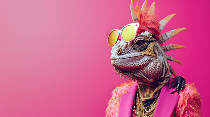 Creative, innovative Animal Design. Lizzard in Chic High-End Fashion, Isolated on a Bright Background for Advertising, with Space for Text. Birthday Party Invitation Banner