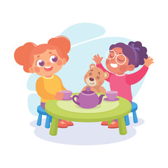 Happy Girl Playing Toy Tea Game Having Fun Vector Illustration