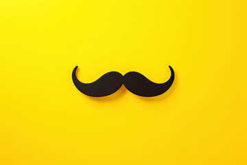 Black mustache on yellow background. Flat lay, top view, copy space. Generative Ai