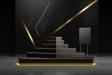 Black and gold geometric podium for product presentation. Generative Ai