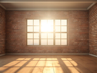 3D empty brick wall room with sunlight and window