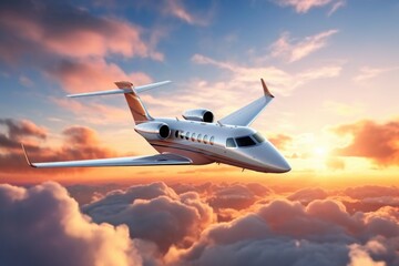 Fototapeta na wymiar Against a breathtaking sunset sky, a business jet cuts through the clouds, exuding grace and sophistication.