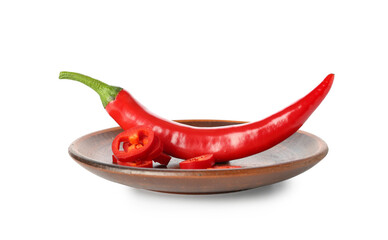 Plate with fresh chili peppers on white background